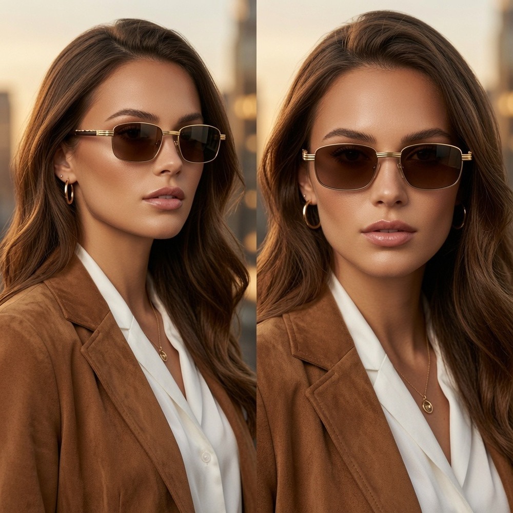 Gold Rectangle Sunglasses Brown Gradient Lens Wood Grain Temples UV400 Women New